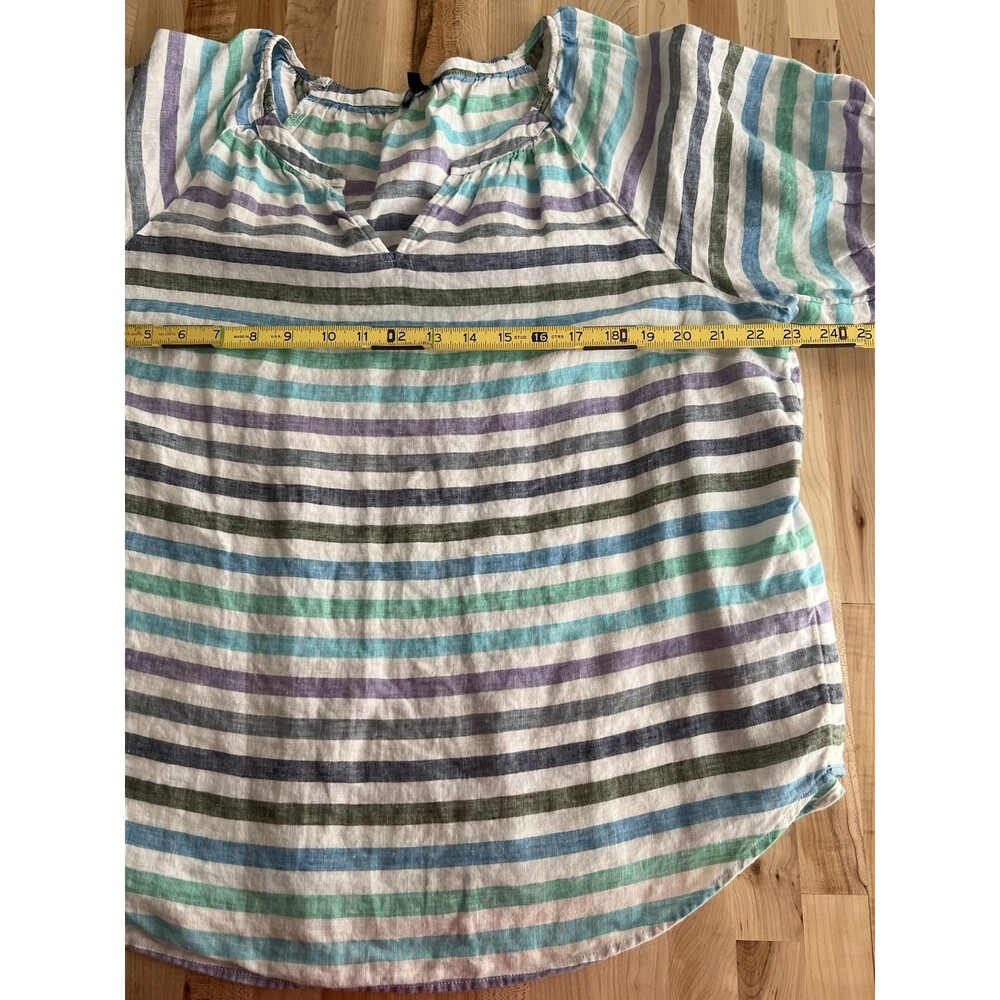 Talbots Puff Sleeve Split Neck Blouse 100% Linen Purple Blue Stripe XL - Picture 6 of 7